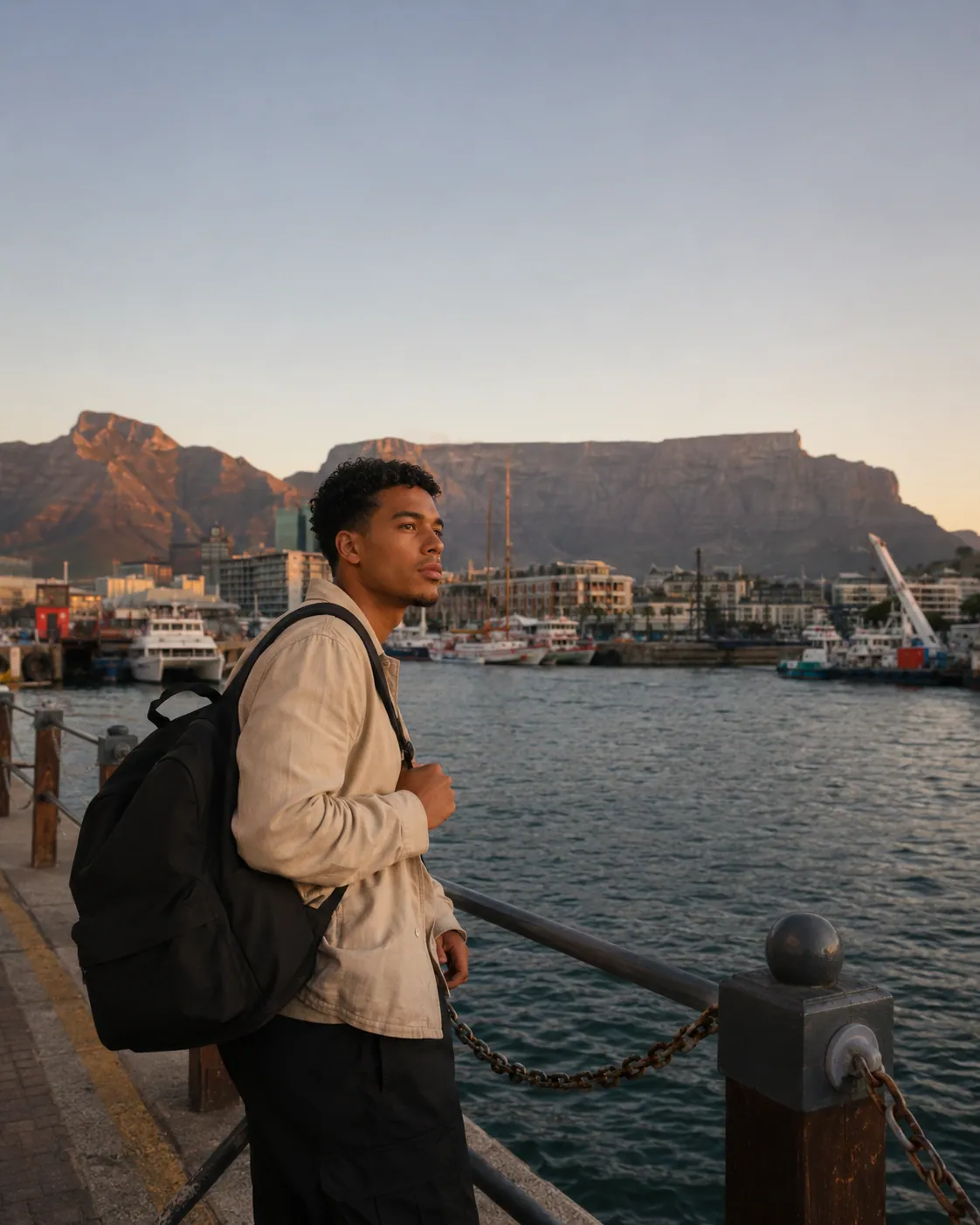 A delegate at the waterfront with Table Mountain behind