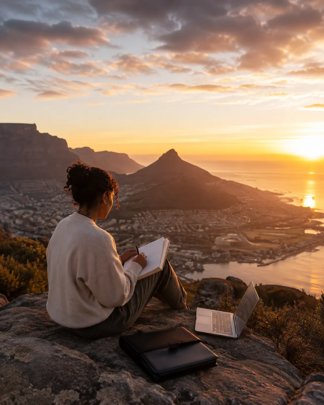 A delegate writing in a journal above the coast at sunset